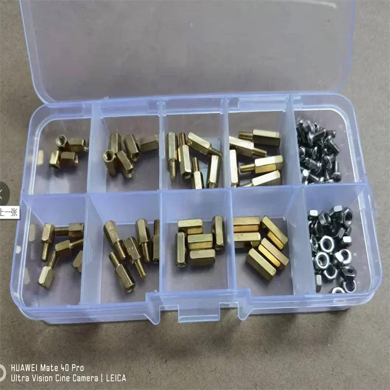 100pcs M2 m2.5 M3*6/8/10/12 Brass Spacer Standoffs/ Screw /Hex Nut Assortment set Kits with Plastic Box