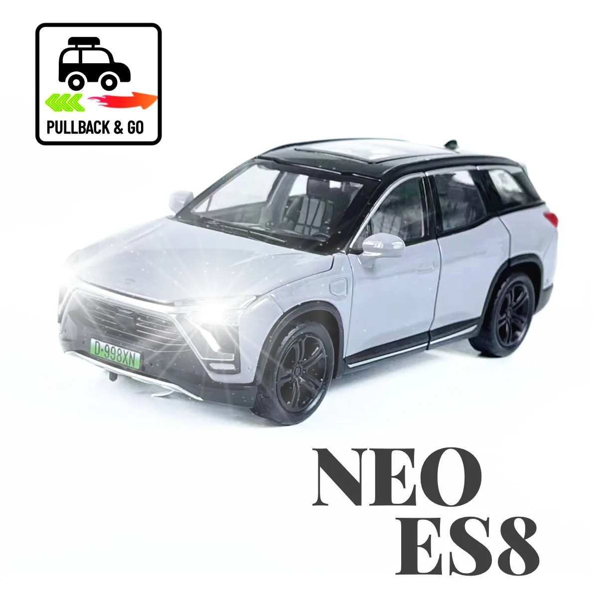 

1:32 Neo ES8 Pullback Car Toy with Lights Engine Sound, Scale Diecast Car Model Replica Kid Boy Play Gift