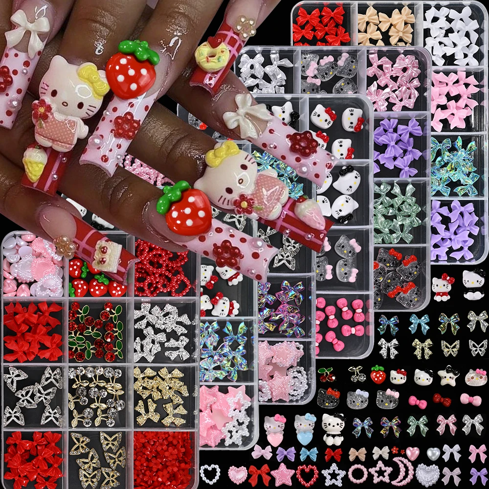 12 شبكة/صندوق الراتنج مرحبا كيتي القوس مسمار السحر الأحمر الفراولة الكرز سبيكة فراشة الراين مسمار الزينة مانيكير أجزاء #2