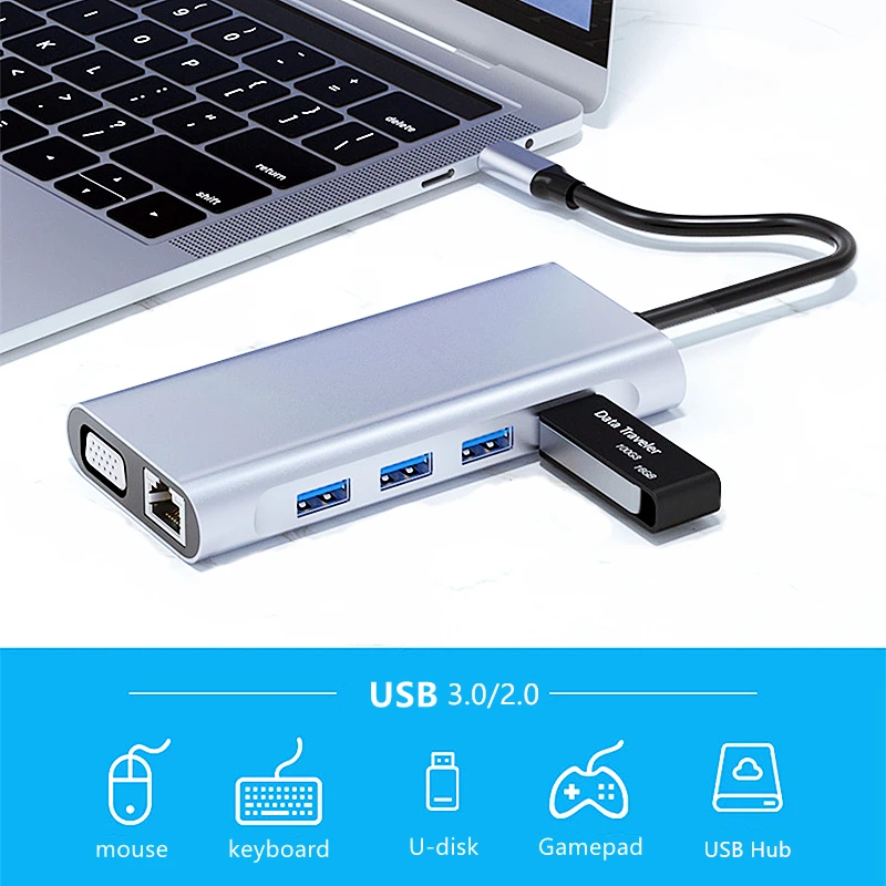 Rankman USB C Hub to RJ45 4K HDMI-Compatible Type C VGA SD TF USB 3.0 PD Dock for MacBook iPad Samsung S21 Dex TV Laptop Mouse