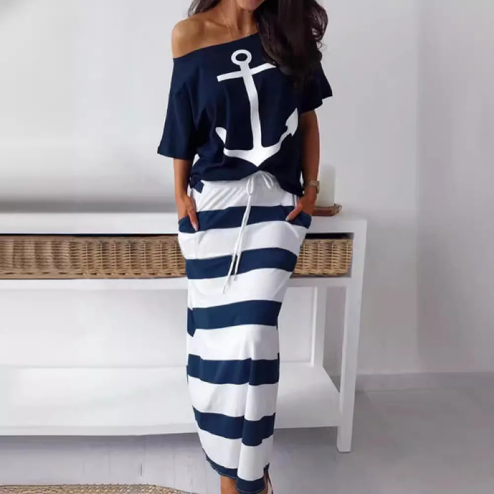 AL088 Women\'s Independent Station Skirt Set Anchor Printing Two-piece Set Navy Striped Skirt