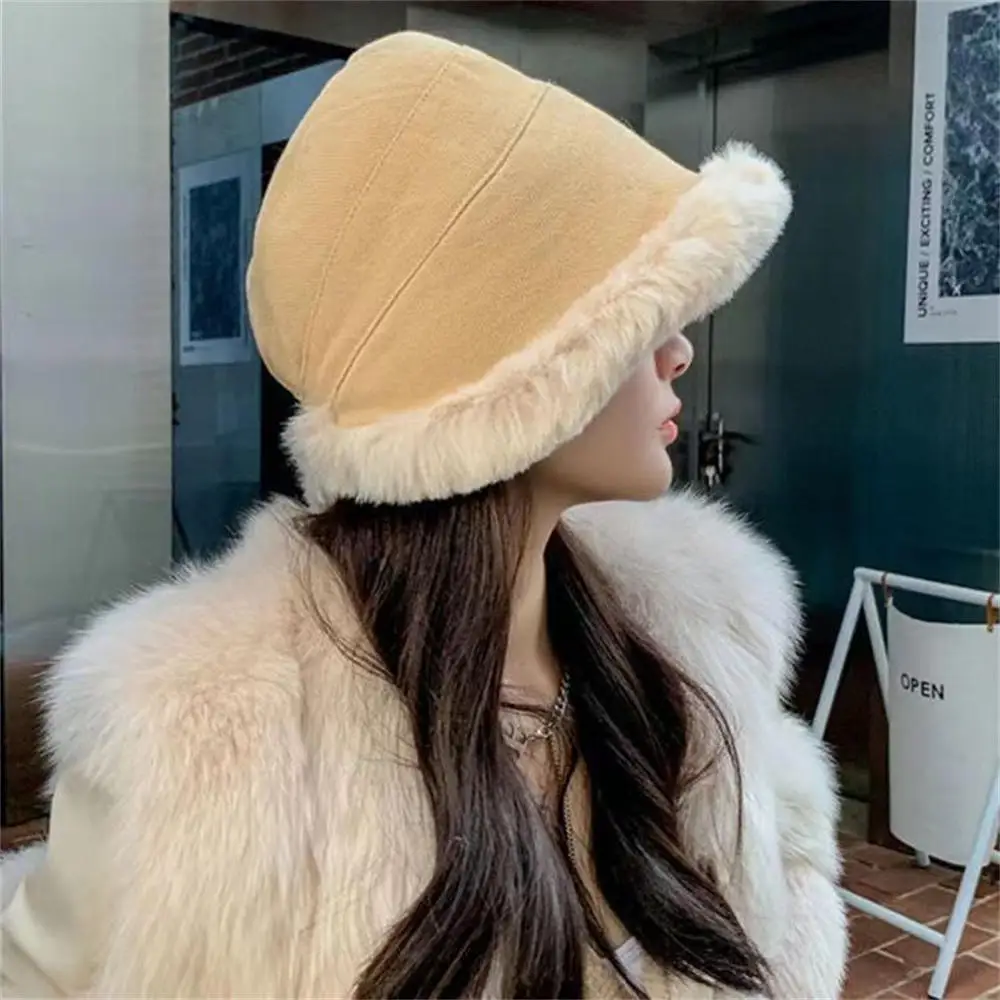 Fluffy Bucket Hat Women Winter Warm Thicken Cold Protection Fisherman Cap High Quality Plush Thieken Fashion Ladies Panama Hat