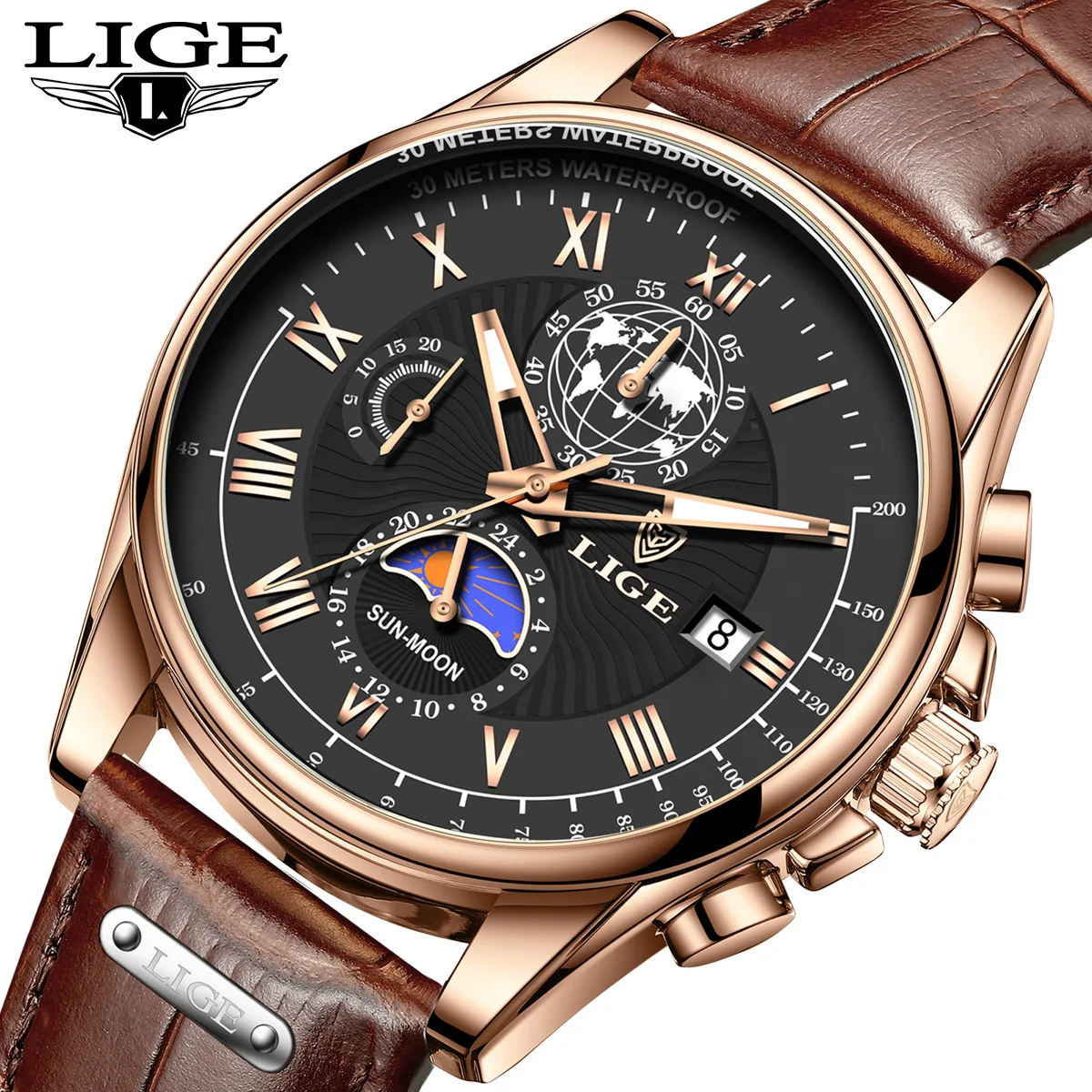 

LIGE деловые мужские часы, спортивные часы с календарем на открытом воздухе, кварцевые часы для мужчин, водонепроницаемые мужские часы с фазой Луны, хронограф, мужские часы