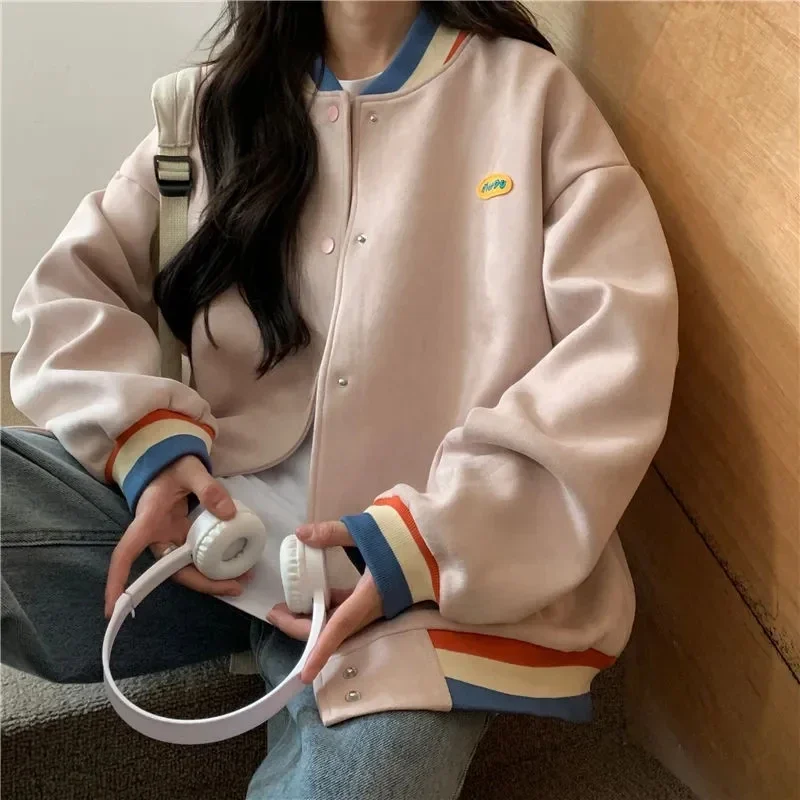 

Biyaby Loose-Fit Baseball Jacket Korean Style Autumn Winter Trendy Brand Casual Scene Top All-Match Single Breasted Outerwear