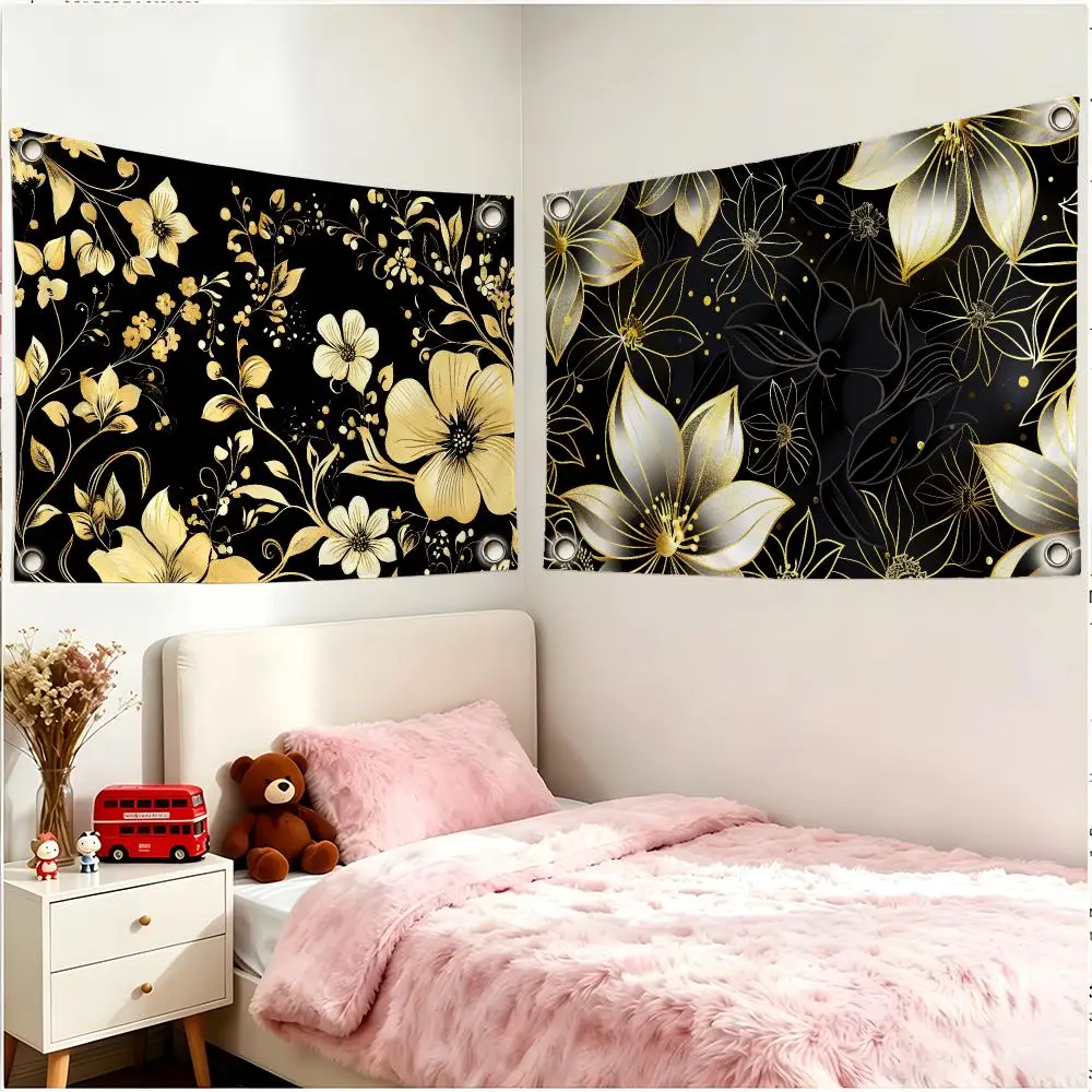 Luxurious Modern Black Gold Flower Flags Borderless Four Ring Ornament Indoor Outdoor Decoration Quick Hang Install