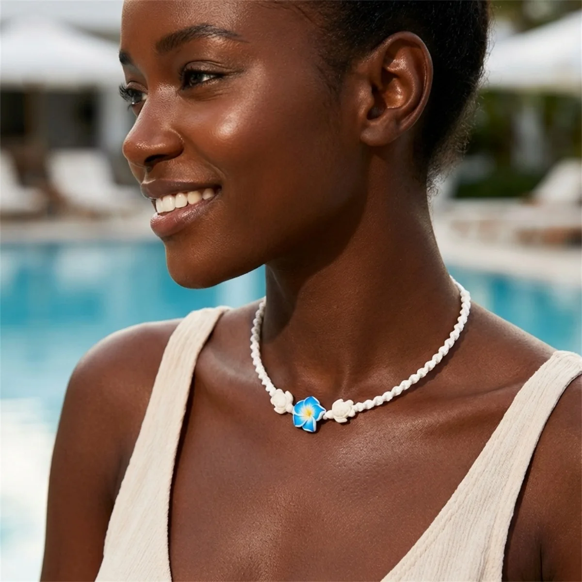 Boho-Halskette aus weicher Tonerde mit weißem geflochtenem Seil für Damen und Herren, Harz-Meeresschildkröten, florales Choker-Halsband, Sommer-Strand-Urlaubsschmuck – Detail 6