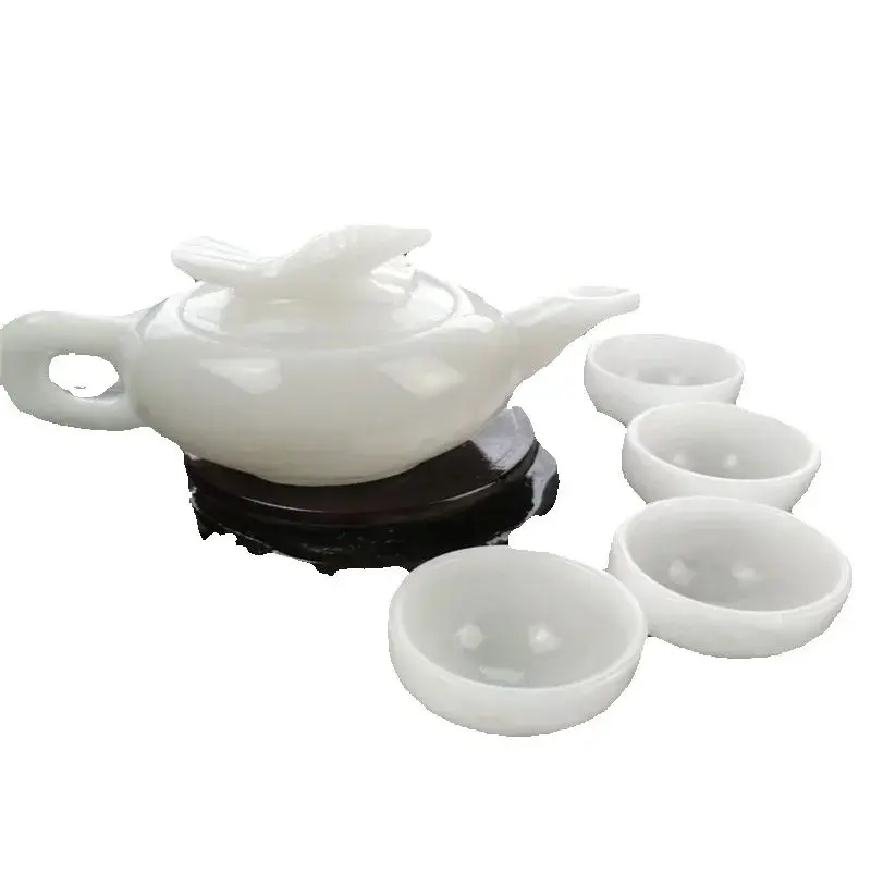 

Kung Fu Tea Set, China Natural white Jade Handmade Carving Bamboo Bundle Teapot with Four Cups for Tea Ceremony