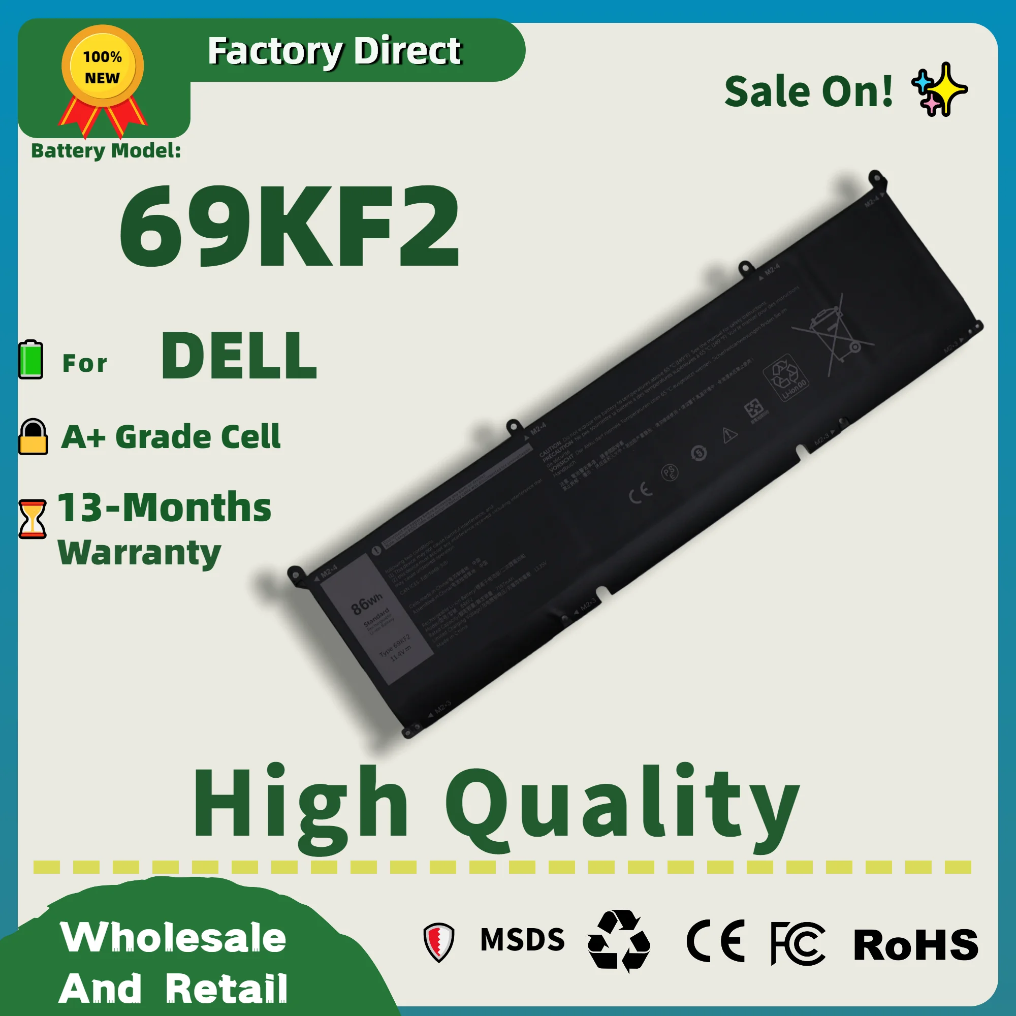 Factory Direct! 69KF2 Battery for DELL XPS 15 9500 9510 9520 9530 Precision 5550 5560 G15 5510 5511 5520 5515 5521 G7 15 7500
