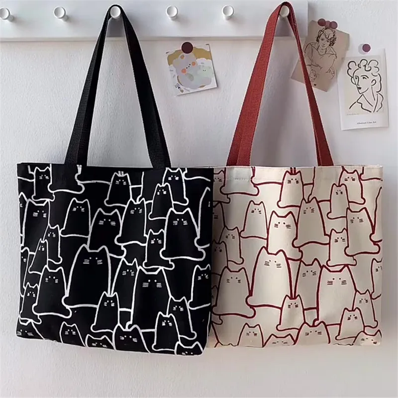 Leinwand-Handtasche für Frauen, 2023, modisch, niedliche Katze, Messenger-Taschen mit Reißverschluss, Designer-Tasche, Damen-Cartoon-Schulter-Shopper-Taschen – Detail 16
