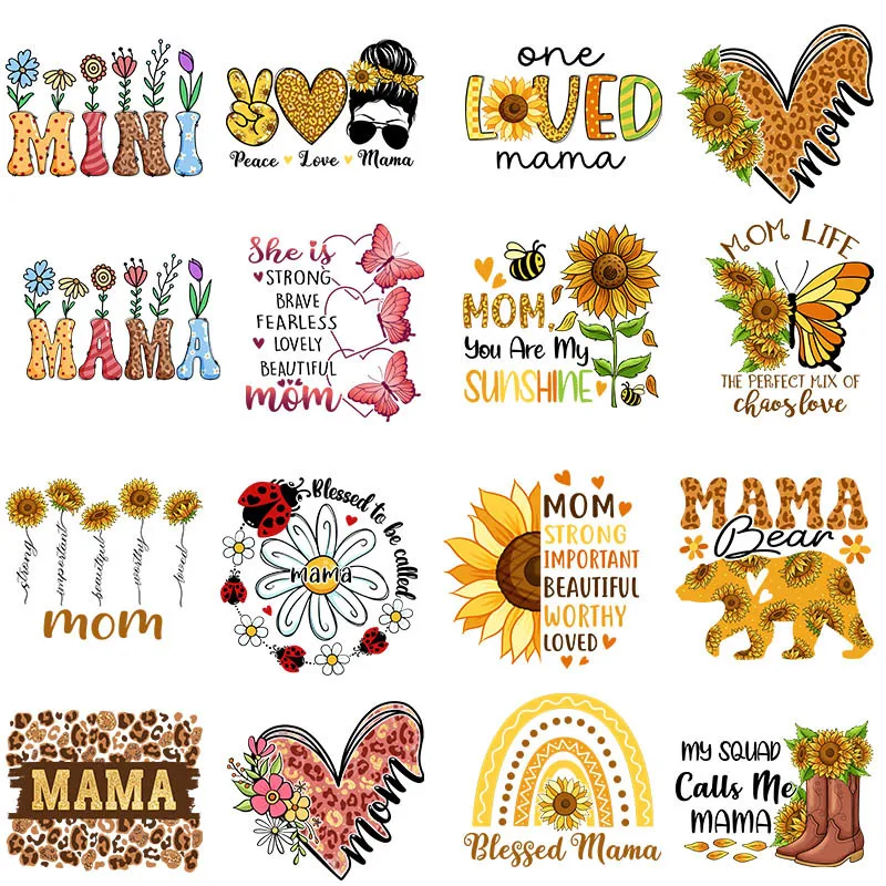 MAMA Sunflower Butterfly Heat Transfer Ready To Press Patches Thermo Stickers Stripes On Clothes T-shirt Ironing Appliques Parch