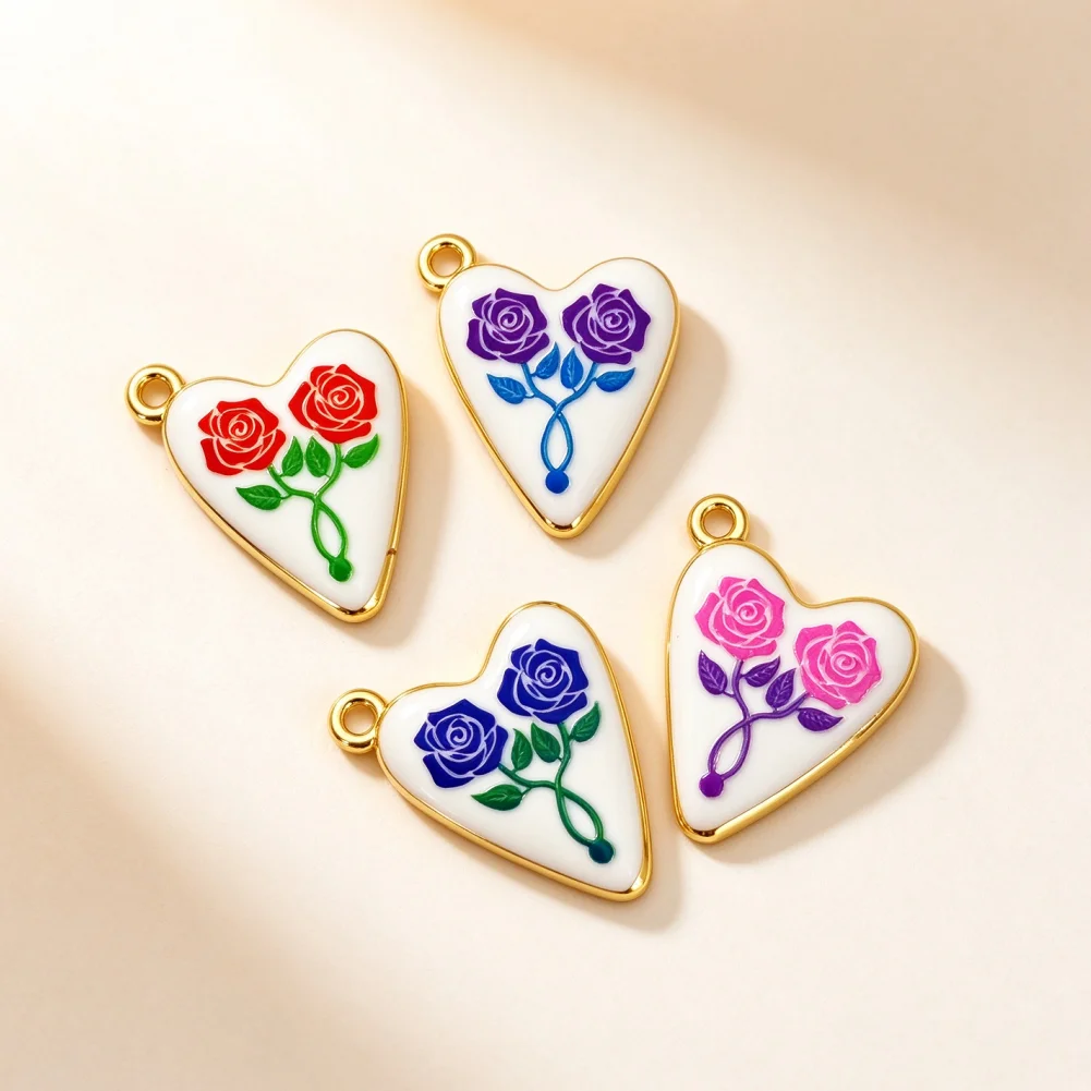 4 Pcs Pendants Brass Enamel Heart Shape Colorful Rose Flower Pattern Charms for DIY Jewelry Making Necklace Bracelet Accessories