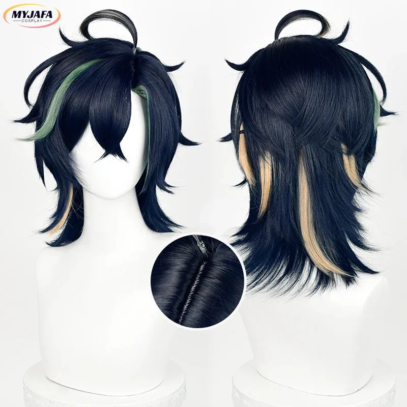 Peluca de Cosplay Kinich, pelo sintético corto trenzado resistente al calor con reflejos negros, verdes y dorados, pelucas de Anime para Halloween + gorro de peluca
