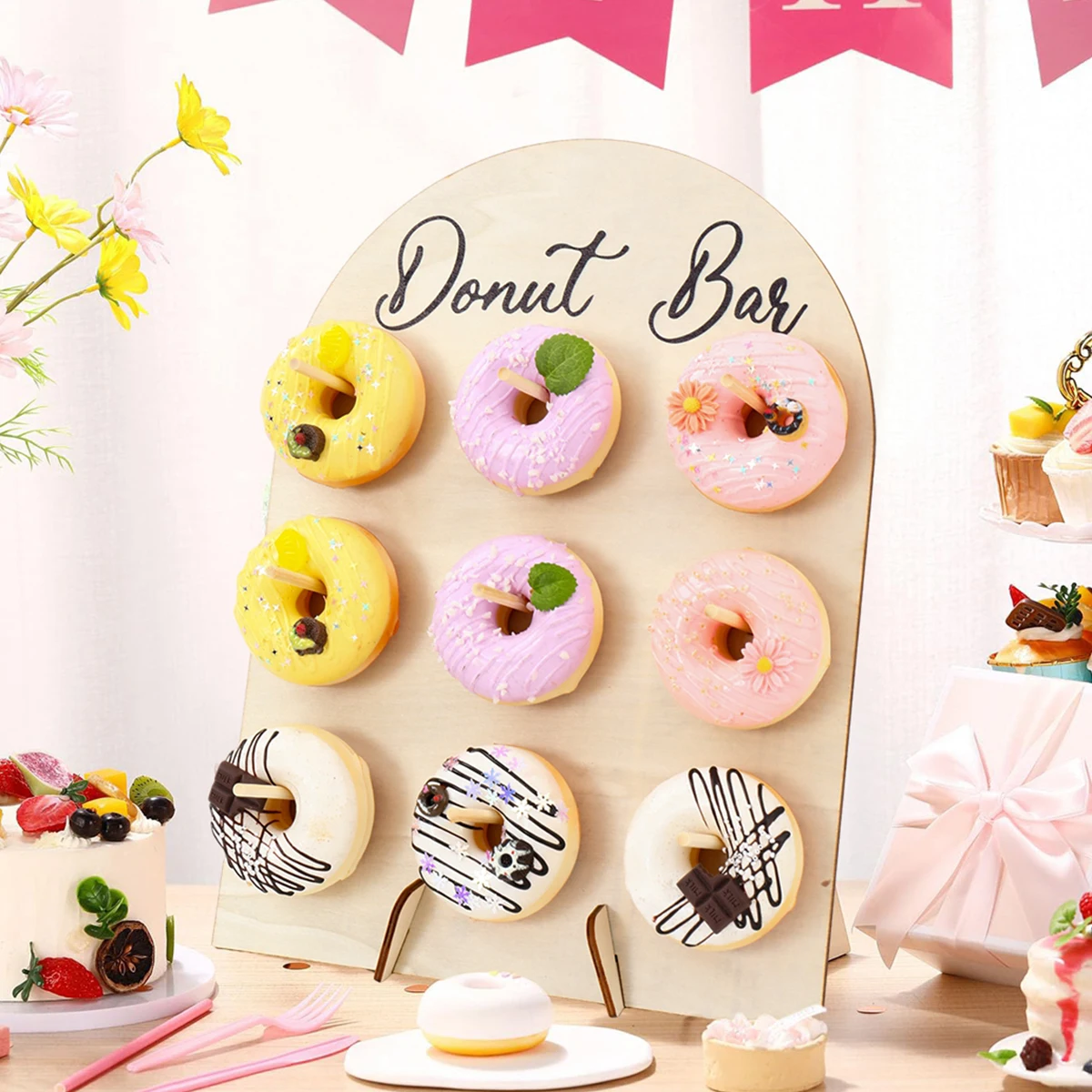 Soporte de madera para donuts, soporte de exhibición de pared para Donuts, barra de Donut, decoración para fiesta de cumpleaños, suministros para fiesta de boda y Baby Shower para niños