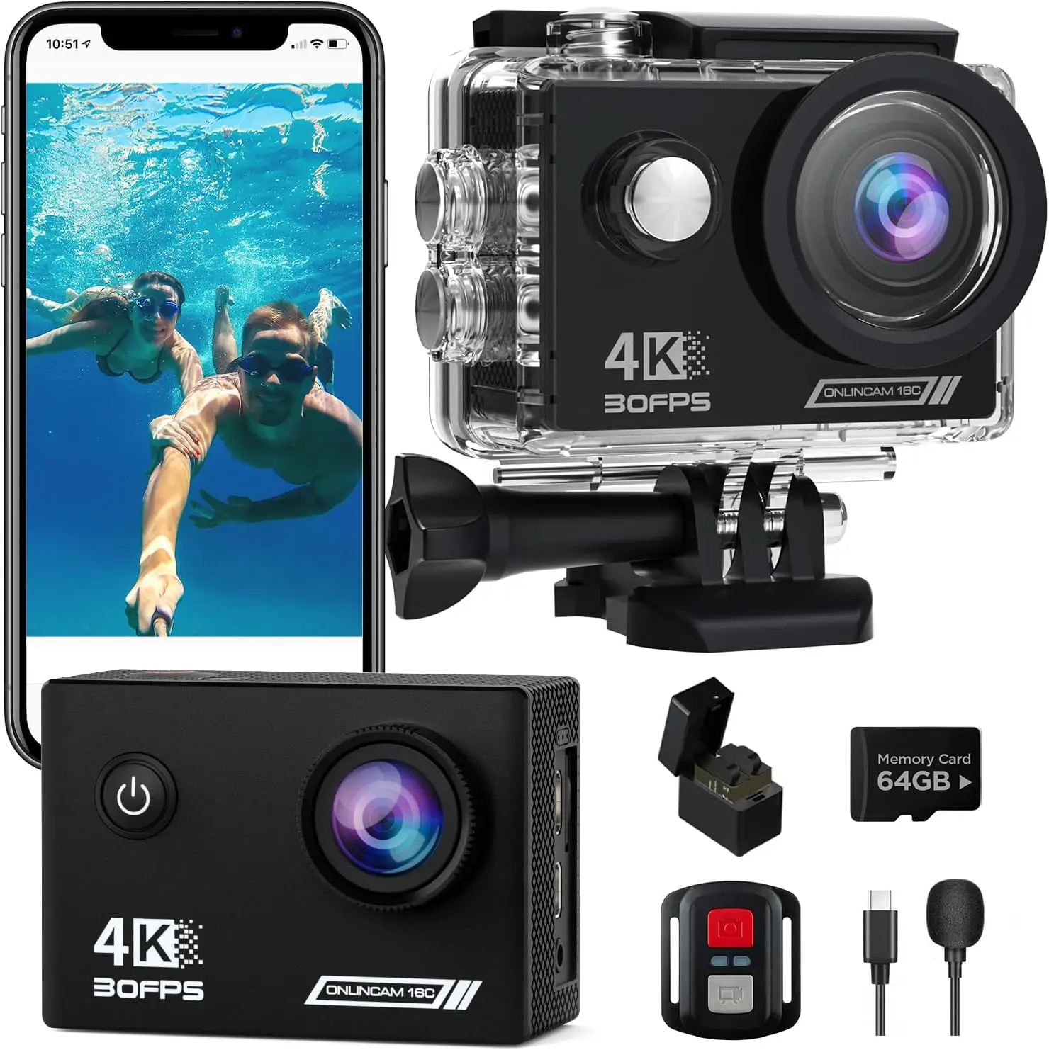 4K30fps Action Camera with 64G SD Card, Waterproof HD Underwater Sports Cam, WiFi Remote Control, 170° View, Helmet Mount Kit