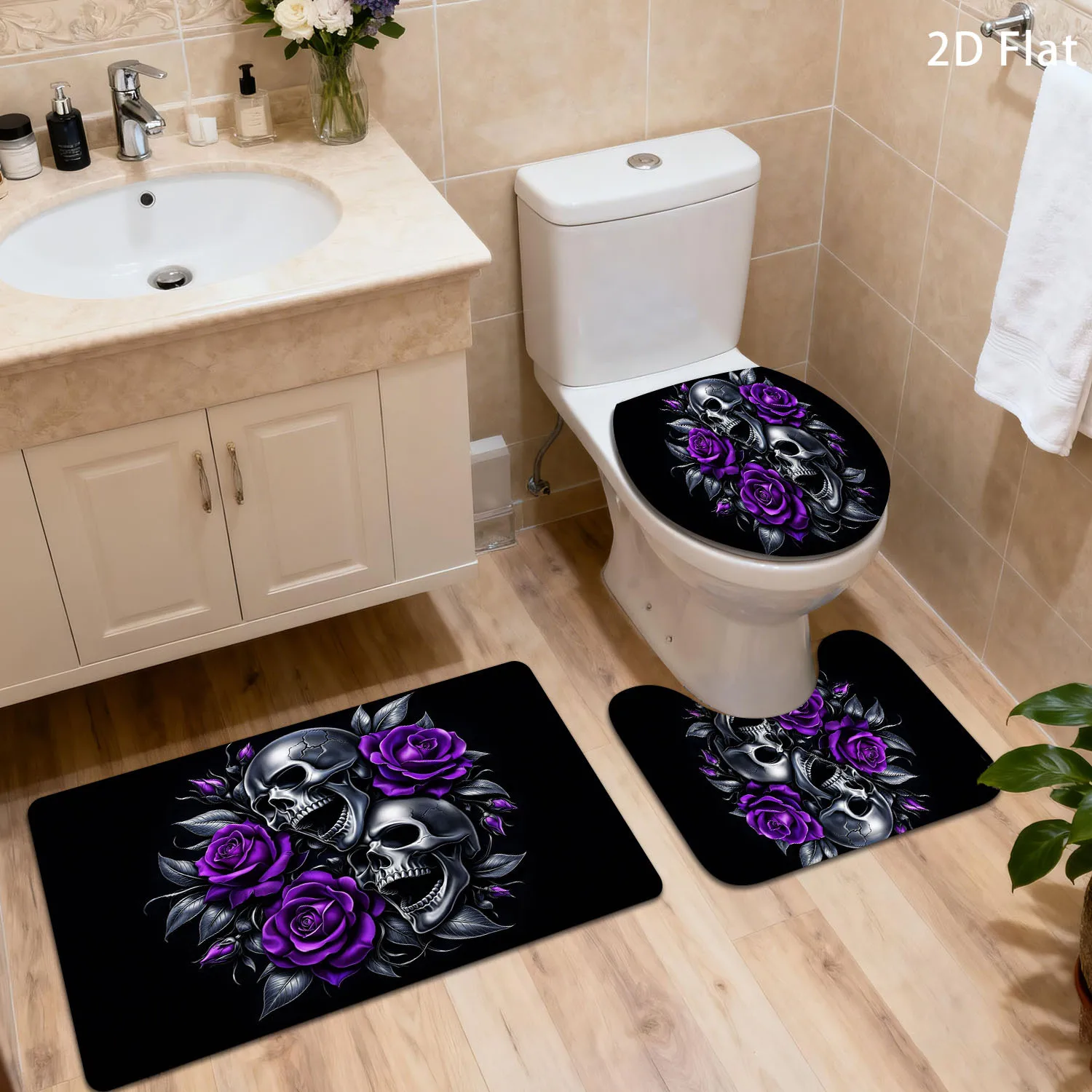 Premium Gothic Skull Roses Bathroom Mat Set and Toilet Seat Cover Home Decor Unique Bathroom Accessories