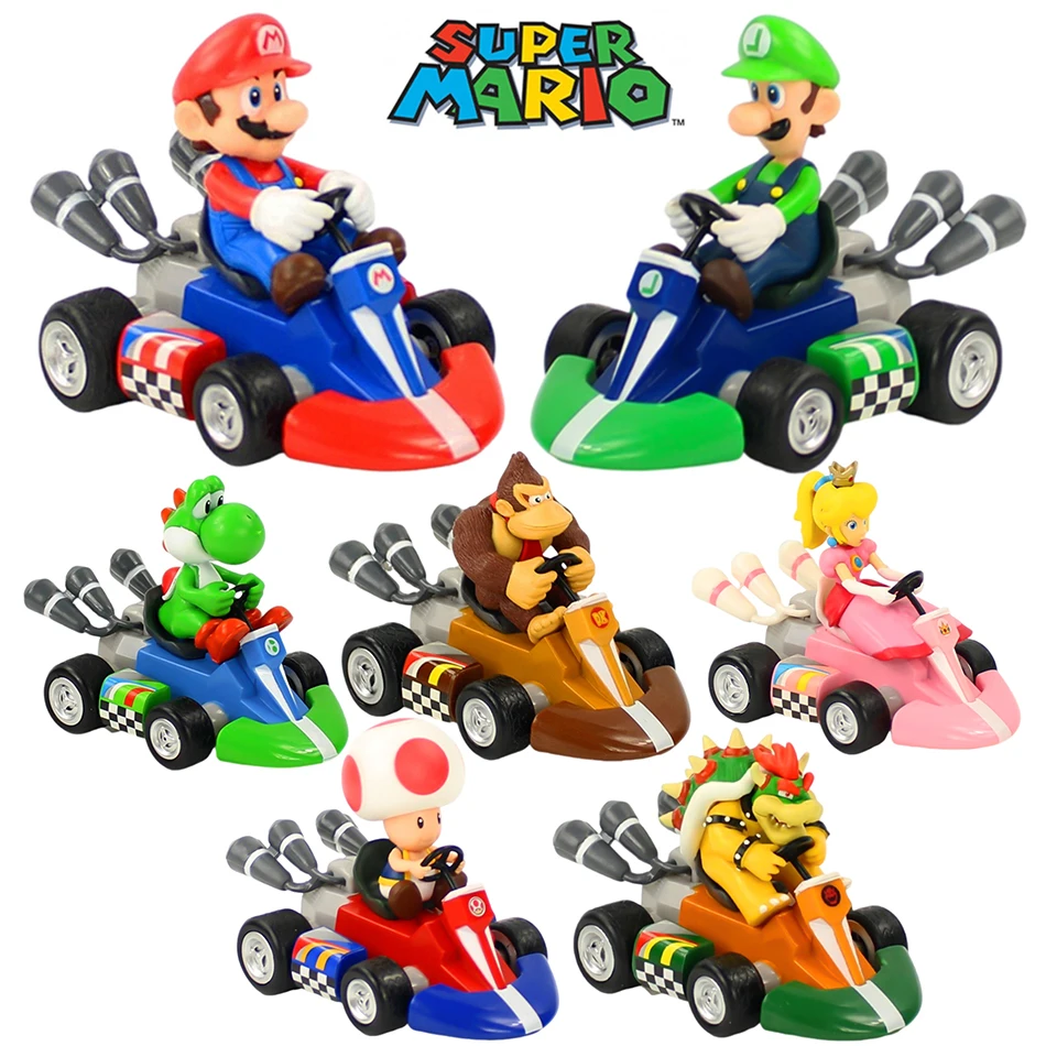 Styles Mario Pull Back Car Green Yoshi Donkey Kong Bowser Luigi Toad Princess Peach Figures Toys Anime Game Doll Gifts for Kid