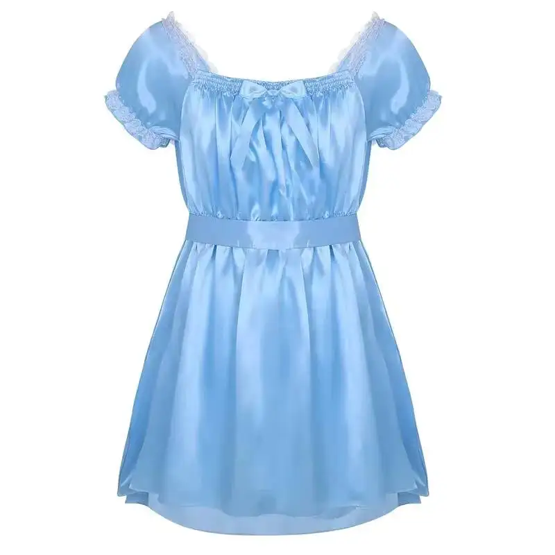 

Mens Rosy Babydoll Dress Square Neckline Shiny Soft Satin Lingerie Crossdress With Sash Male Gay Nightwear Underwear Sleepwear