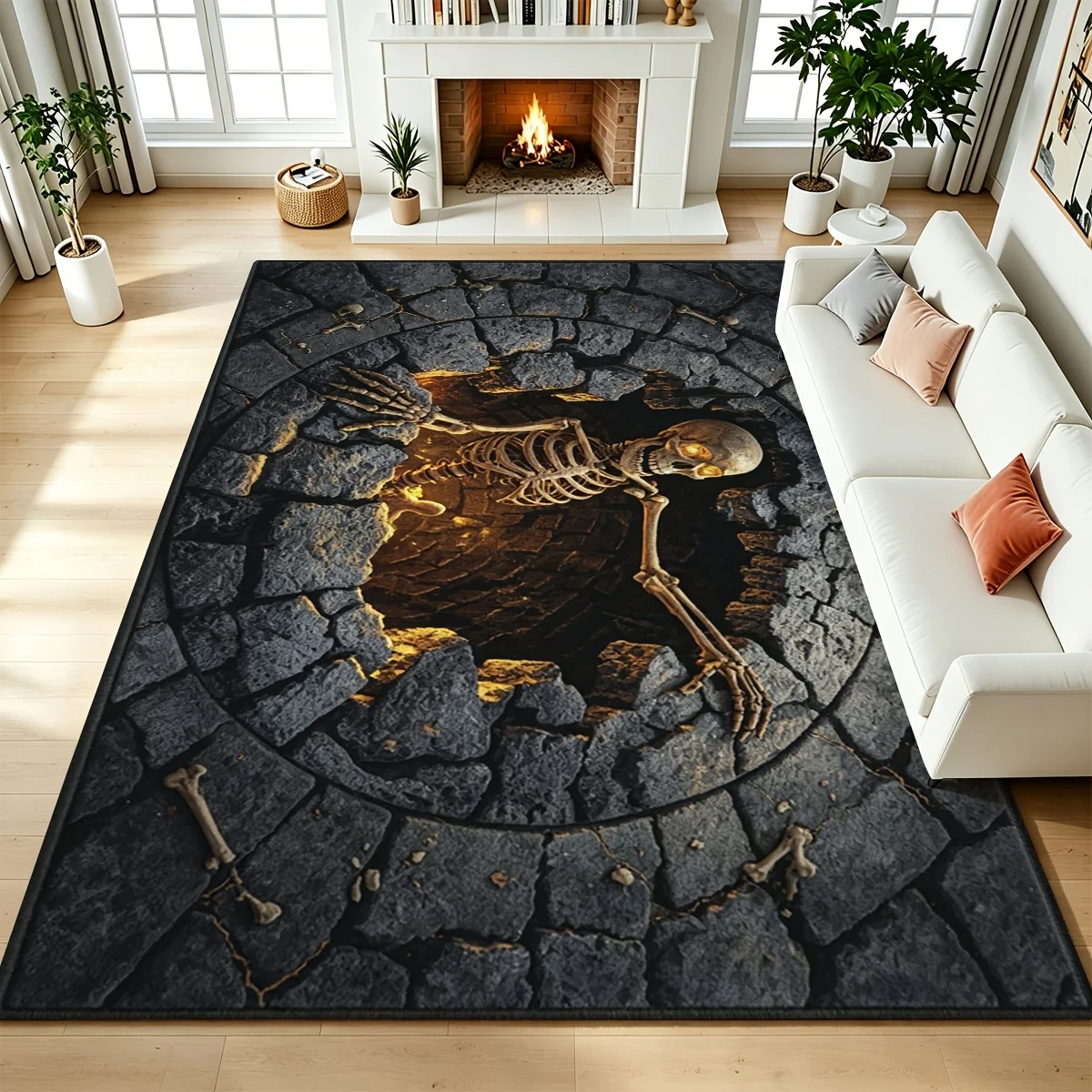 3D Visual Illusion Creeping Skeleton Broken Stone Pattern Area Rug, Dark‑Gray With Gold Accents,Halloween Horror Decor Floor Mat