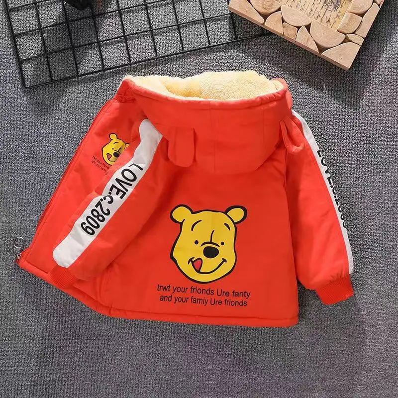 Winter Children Warm Coat Baby Girl Boy Winnie The Pooh Cute Cartoon Jacket Kids Thicken Keep Warm Cotton Hooded Outerwear 1-6Y