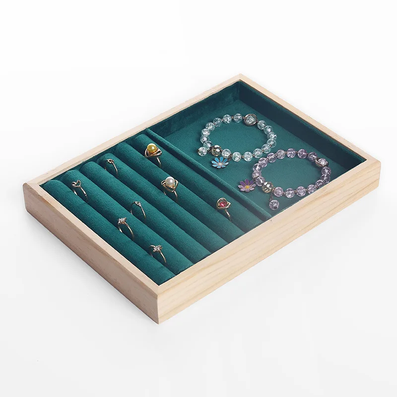 

1pc Fashion Wood Jewelry Tray Green Velvet Pendant Necklace Bracelet Earrings Ring Display Stotage Trays Counter Showcase Props