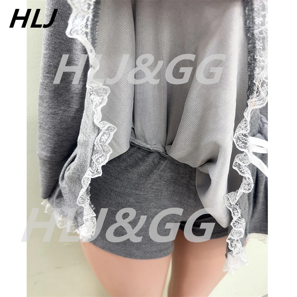 HLJ Gray Y2K Fashion Bow Lace Splicing Hooded Two Piece Sets Women O Neck Long Sleeve Crop Top And Pleated Mini Skirts Outfits