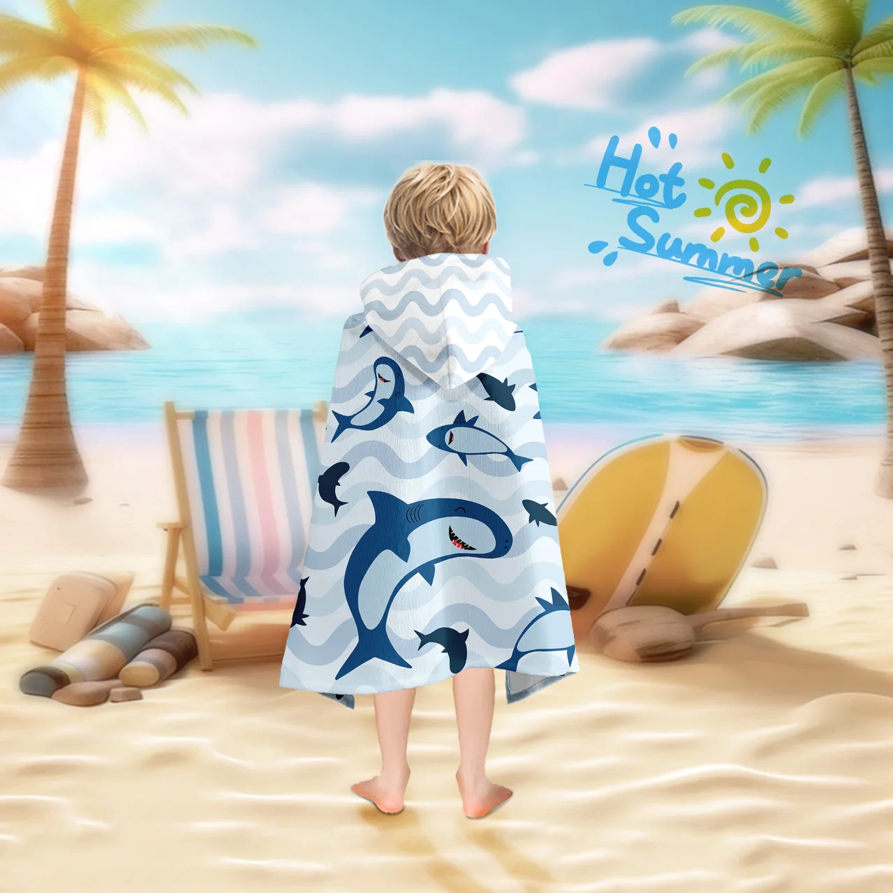 1PC Cartoon Deep Sea Shark Printed Hooded Beach Towel for Kids,Super Absorbent Soft Sand Free，Shower Picnic Camping Towel