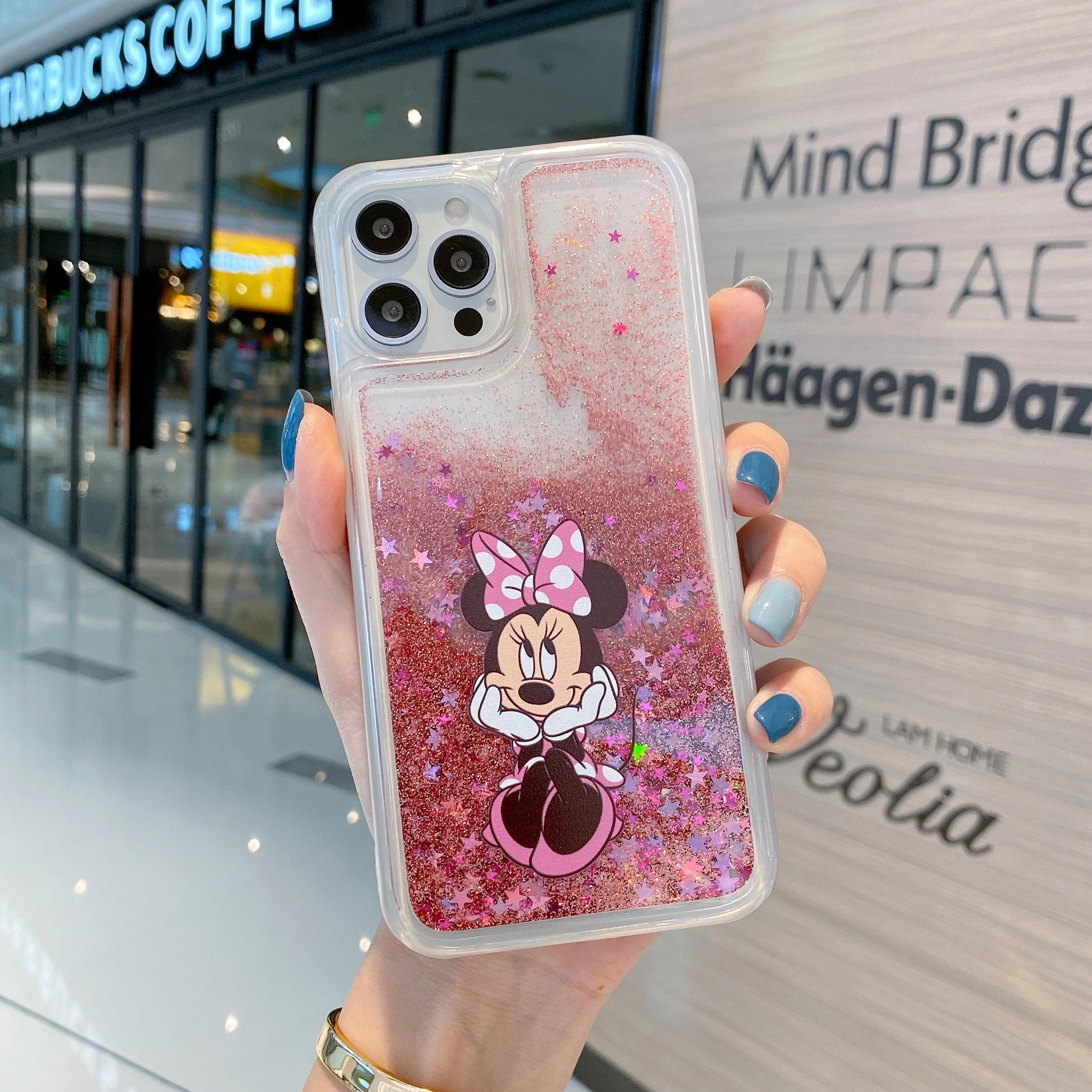 Cute Mickey Mouse Minnie Mouse Quicksand custodia per telefono per iPhone 15 14 13 12 11 Pro Max Glitter Liquid Cartoon Cover antiurto