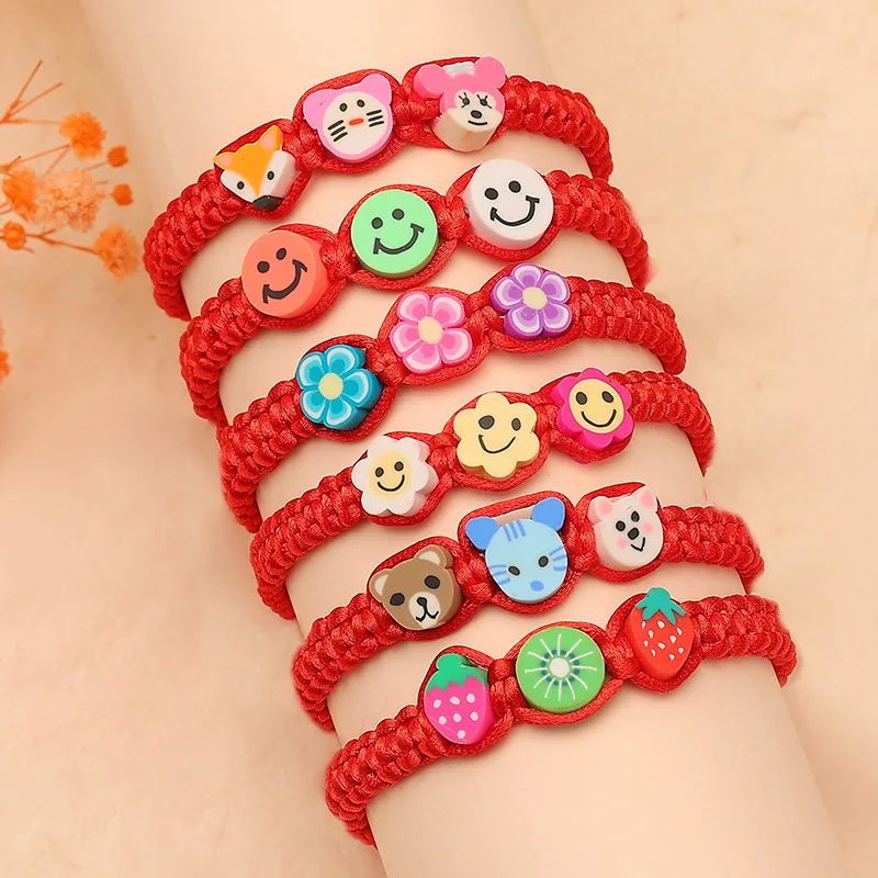 

Pure Handmade Loong Boat Festival Colorful Red Soft Pottery Fruit Small Animal Cartoon Rope Hand Woven Bracelet Children Gifts