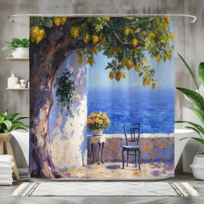 Mediterranean Lemon Tree Oil Painting Shower Curtain, Seaside Terrace Ocean View Print Waterproof Bath Curtain for Vintage