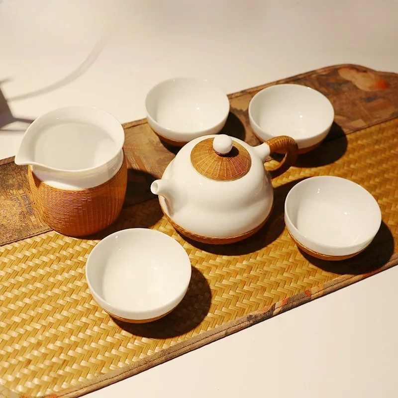 Handmade bamboo silk buckle porcelain tea set, Fulu tea set