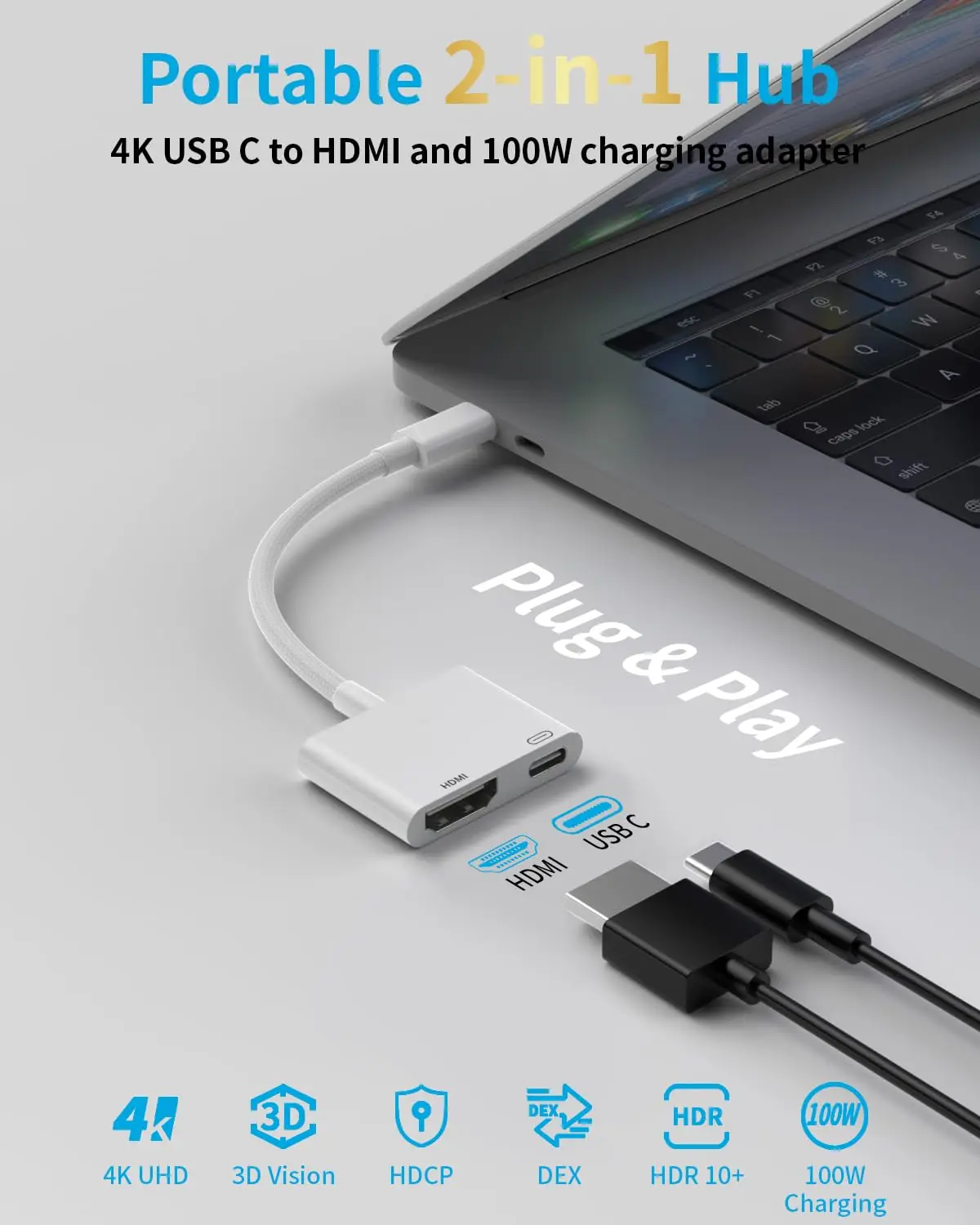 5 шт. высокоскоростной кабель 4K @ 60/30 Гц типа C для HDTV 2 в 1 с портом зарядки 100 Вт, совместимый с IPhone 16 15 Pro Max, ноутбуком IPad