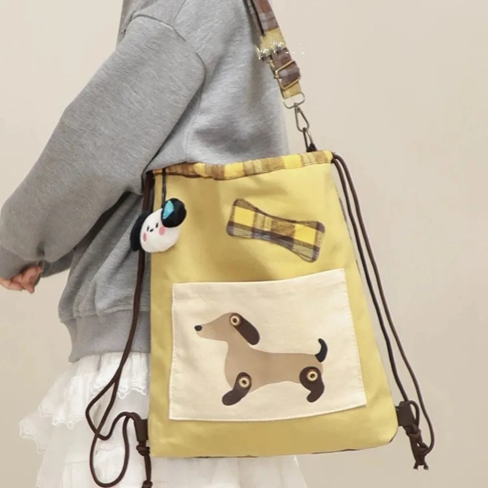 Multi-style Cartoon Sausage Dog Backpack Retro Checkered Drawstring Bag Cute Double-sided Crossbody Shoulder Bag