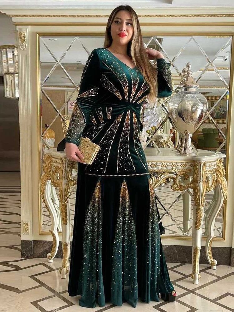 Muslim Women Abayas Wedding Party Evening Luxury Velvet Dresses Dubai Long Sleeve Islamic Clothing Robe Femme Musulmane Kaftans