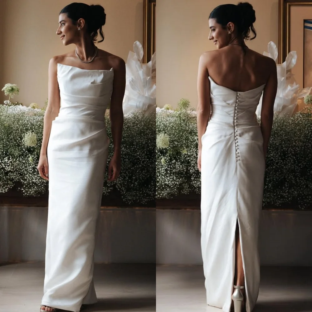 Customized Elegant Simple Button Pleat Straight Strapless Long Dresses Bespoke Occasion Dresses Sizes Available Modern Style
