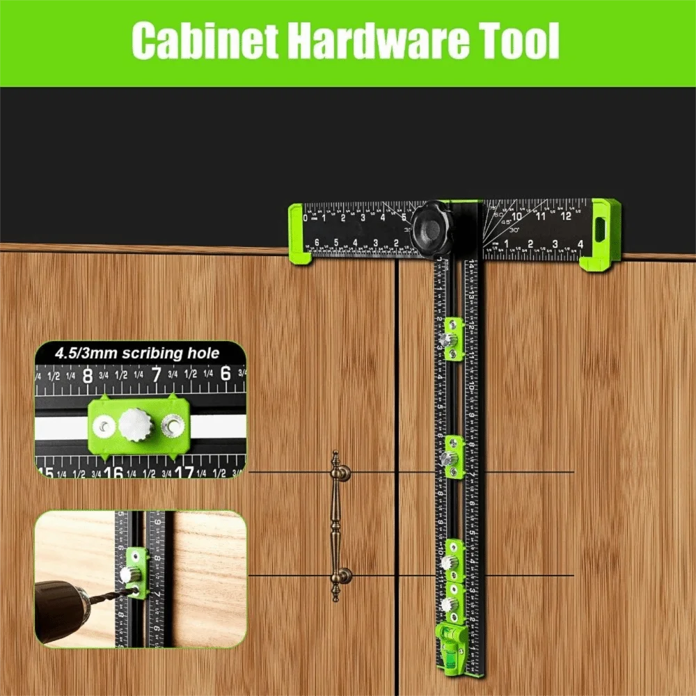 T-Square Ruler Drill Locator DIY Tools 2in1 Woodworking Tools Built-in Bubble Level High‑precision Cabinet Hardware Jig
