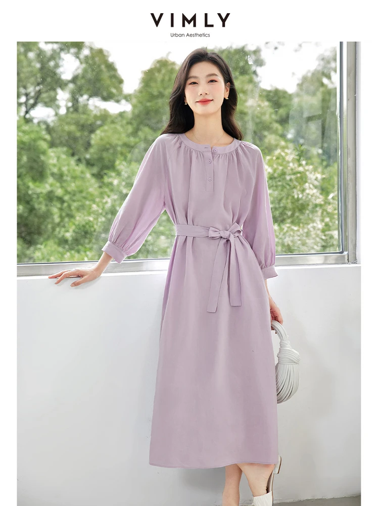 

VIMLY Women's Vintage Elegant Commuter Style Dresses Autumn Round Neck Waisted A-Line Dress Chic Party Night Vestidos With Belt