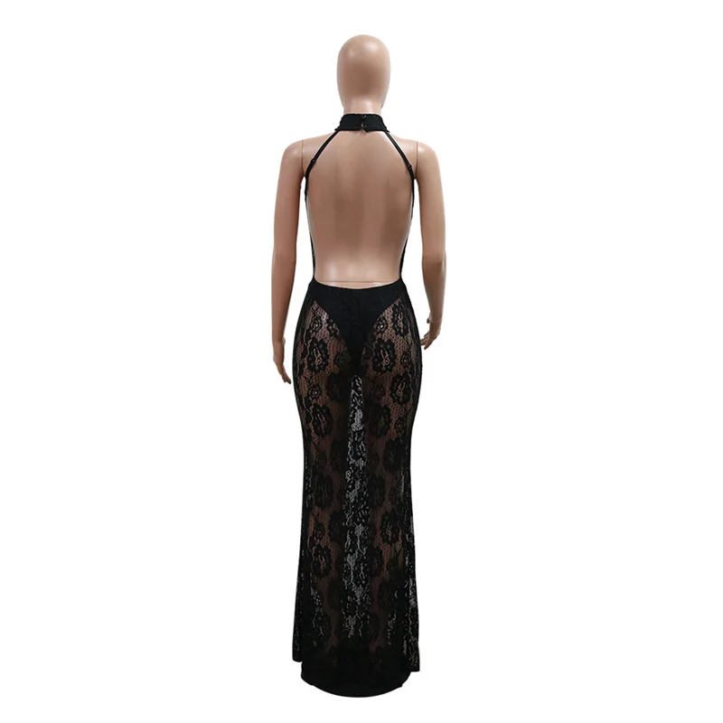 Summer Women Backless Halter Slim Party Sexy Long Lace Dress Perspective 2024 Sleeveless See Through Hot Sexy Night Club Dress