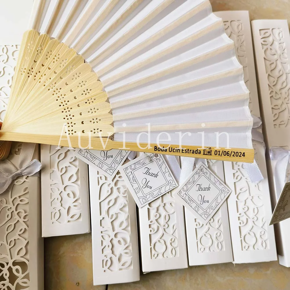 50/30Pcs Personalized White Folding Hand Fan with Gift Box Print Text for Wedding Favors Handheld Fan Custom Party Supplies