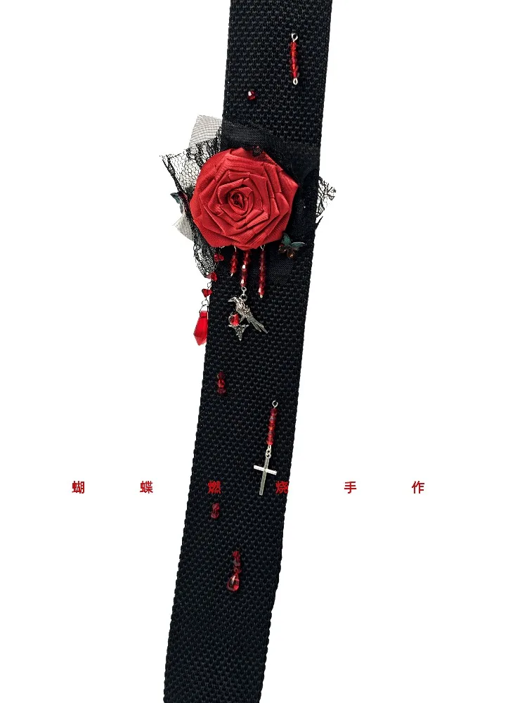 Knitted Tie with Red and Black Lace Cross Butterfly Red Rose Decor Necktie Y2K Punk Necktie