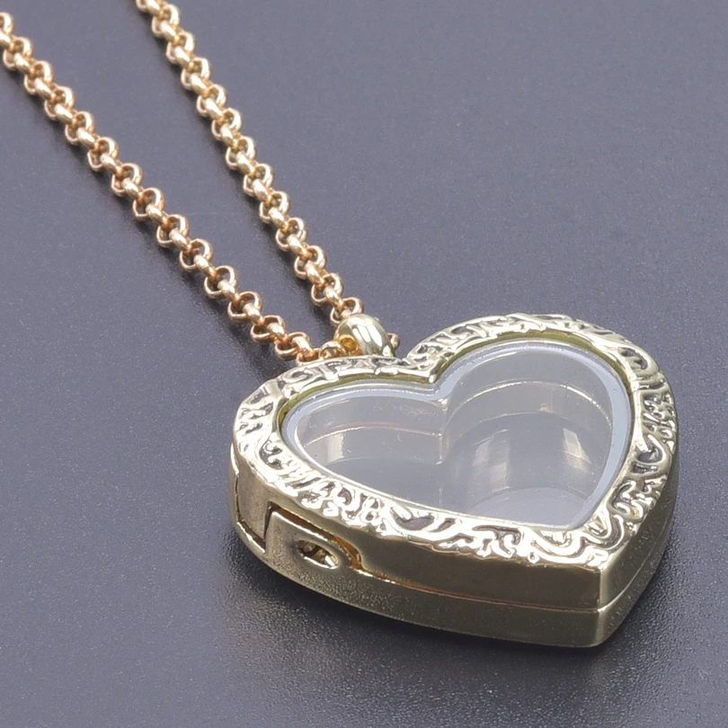 Glass Metal Gold Color Heart Round Water Drop Relicario Photo Locket Necklace Rhinestone Floating Charm O-shaped Chains Necklace