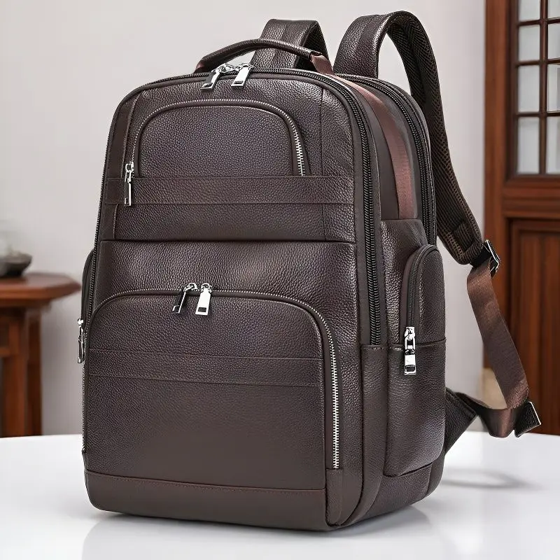 USB Charging Men Backpack Genuine Leather Double Layer Waterproof 16 inch Laptop Daypack Schoolbag Big Travel Rucksack Black