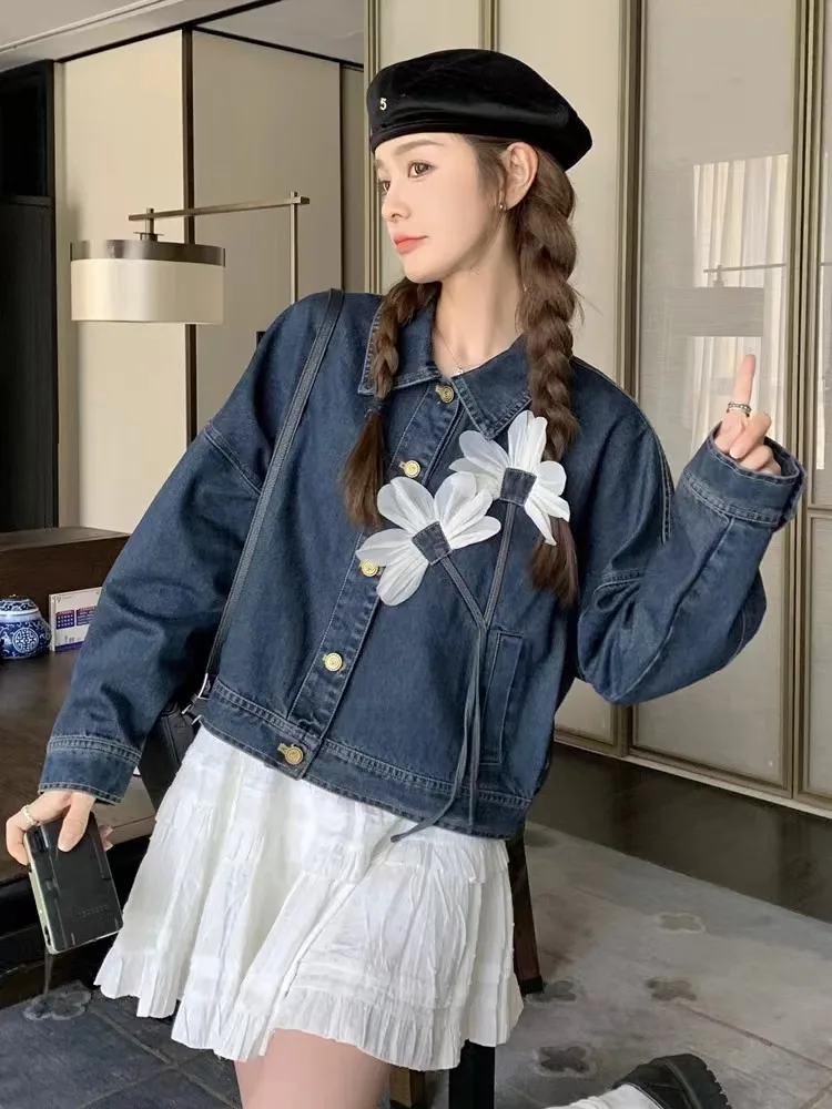 Three Dimensional Flower Loose Denim Coat Spring Autumn New Style Design Deep Blue Cowboy Jacket For Women Single Breasted