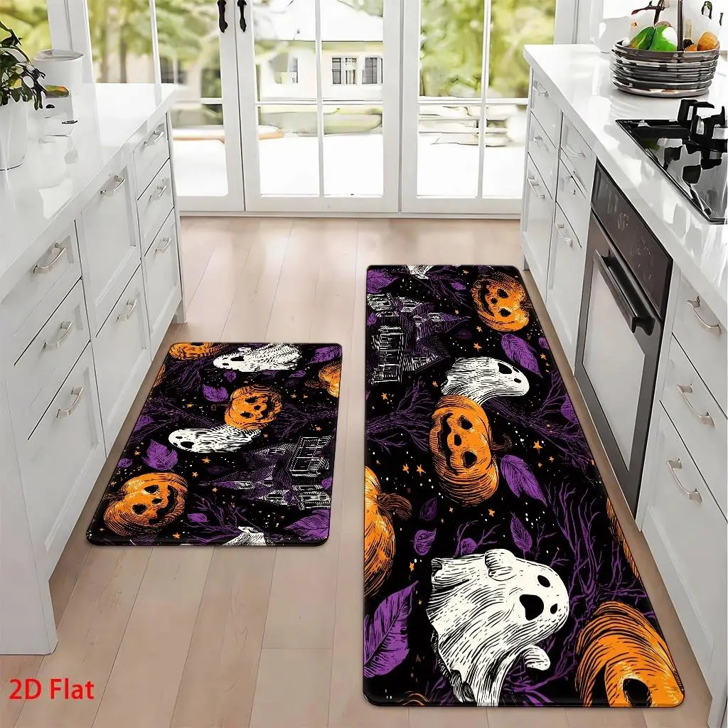 1pc, 2pcs, 3pcs, 2D Flat Kitchen Floor Mat Set, Halloween Pumpkin Ghosts And Haunted House Floor Mat, Spooky Tribal Design Rug, Easy-To-Clean Decorative Kitchen Mat, Suitable for Kitchen, Bathroom, Laundry Room, Dining Table