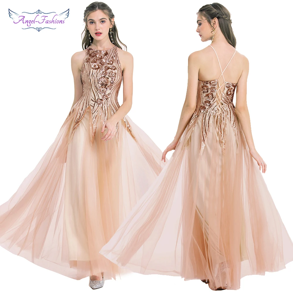 

Angel-fashions Luxury Sequin Splicing Tulle Prom Dress Illusion Ball Gown O Neck Lace up Gatsby Vintage Formal Evening Dress 437