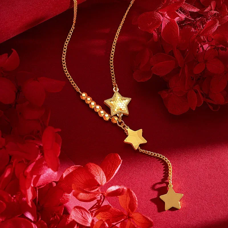 Collar de estrella de cinco puntas para mujer, cadena de estrella pequeña a escala de dragón, oro 9999 real, oro amarillo de 24 quilates