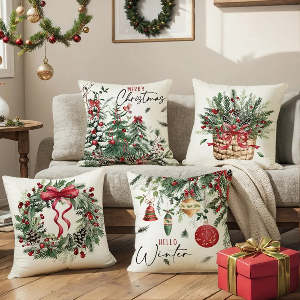 Christmas Throw Pillow with Santa Wreath Bell and Gift Patterns -Double-Sided Design,Soft Plush Cushion with Insert,Perfect Gift