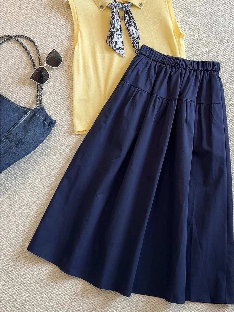 

Blue Elastic Waist Umbrella Skirt ket Design Casual A-Line Skirt for Women College Sle Daily Wear No Inner