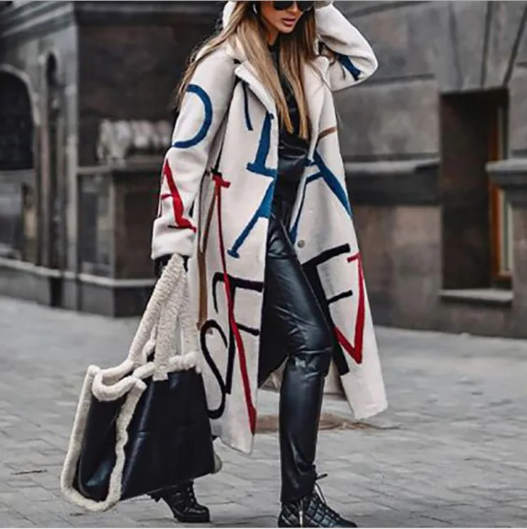 Women Button Long Sleeve Wool Jackets Print Letter Turn Down Collar Coat Loose Spliced Casual Long Jacket Streetwear Autumn