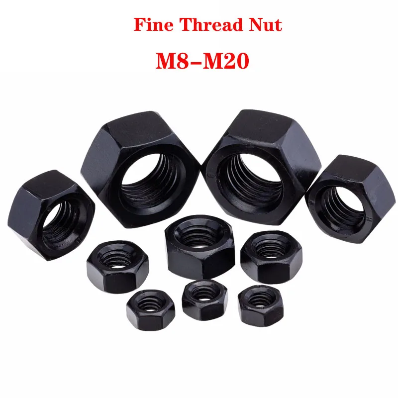 Hexagon Hex Nut Fine Thread M8x1 M10x1 M10x1.25 M12x1 M12x1.25 M12x1.5 M14x1.5 M16x1.5 M18x1.5 M20x1.5 Black Carbon Steel Nuts