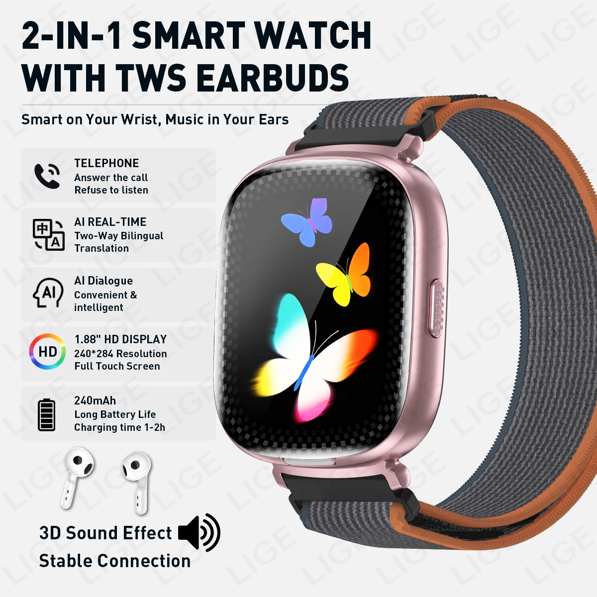 LIGE For Man Women New 2 In 1 Smart Watch With Earbuds TWS Bluetooth Earphone Call AI Real-time Translation Sports Smartwatch